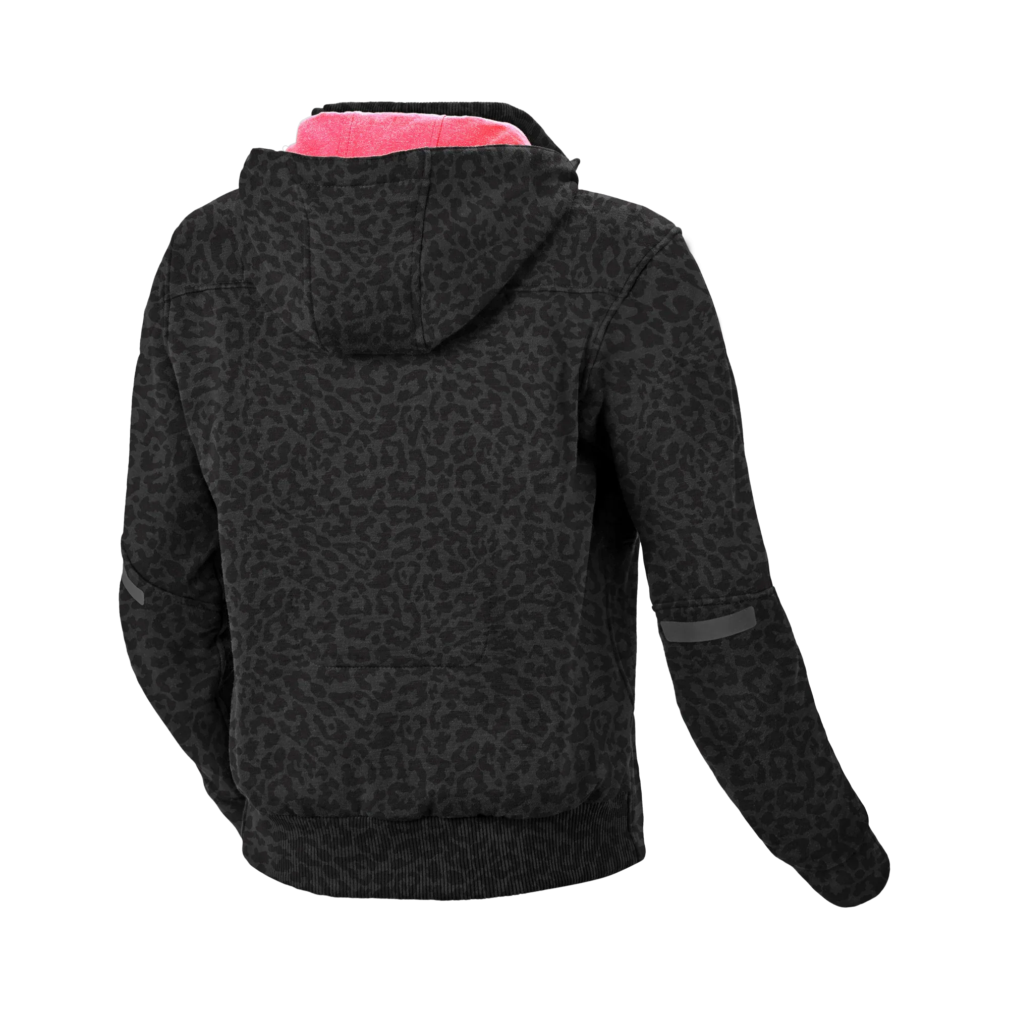 Felpa moto donna Macna District leopardo nera, retro con Hoodie Holder e cappuccio, vista posteriore