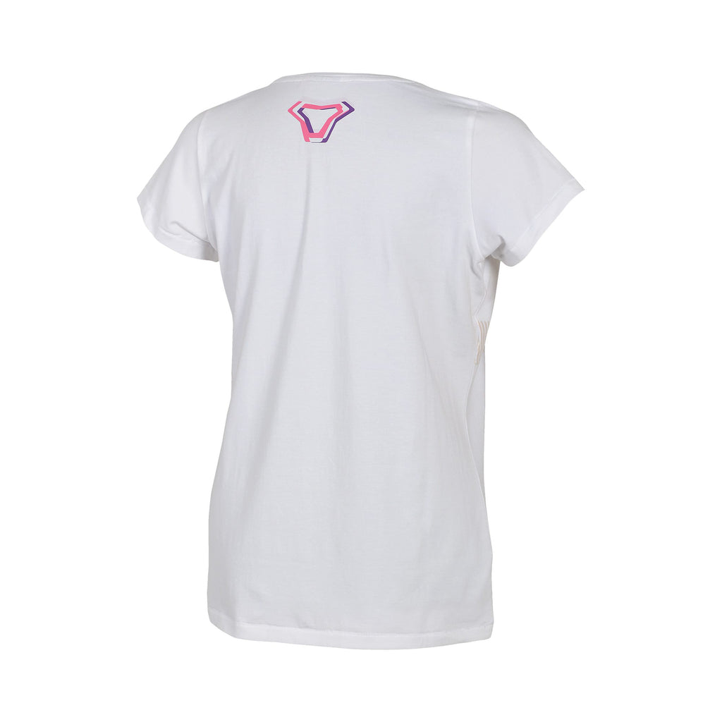 T-shirt Macna Fragment donna bianca, piccolo logo a V rosa e viola fra le scapole, vista posteriore