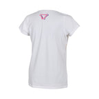T-shirt Macna Fragment donna bianca, piccolo logo a V rosa e viola fra le scapole, vista posteriore