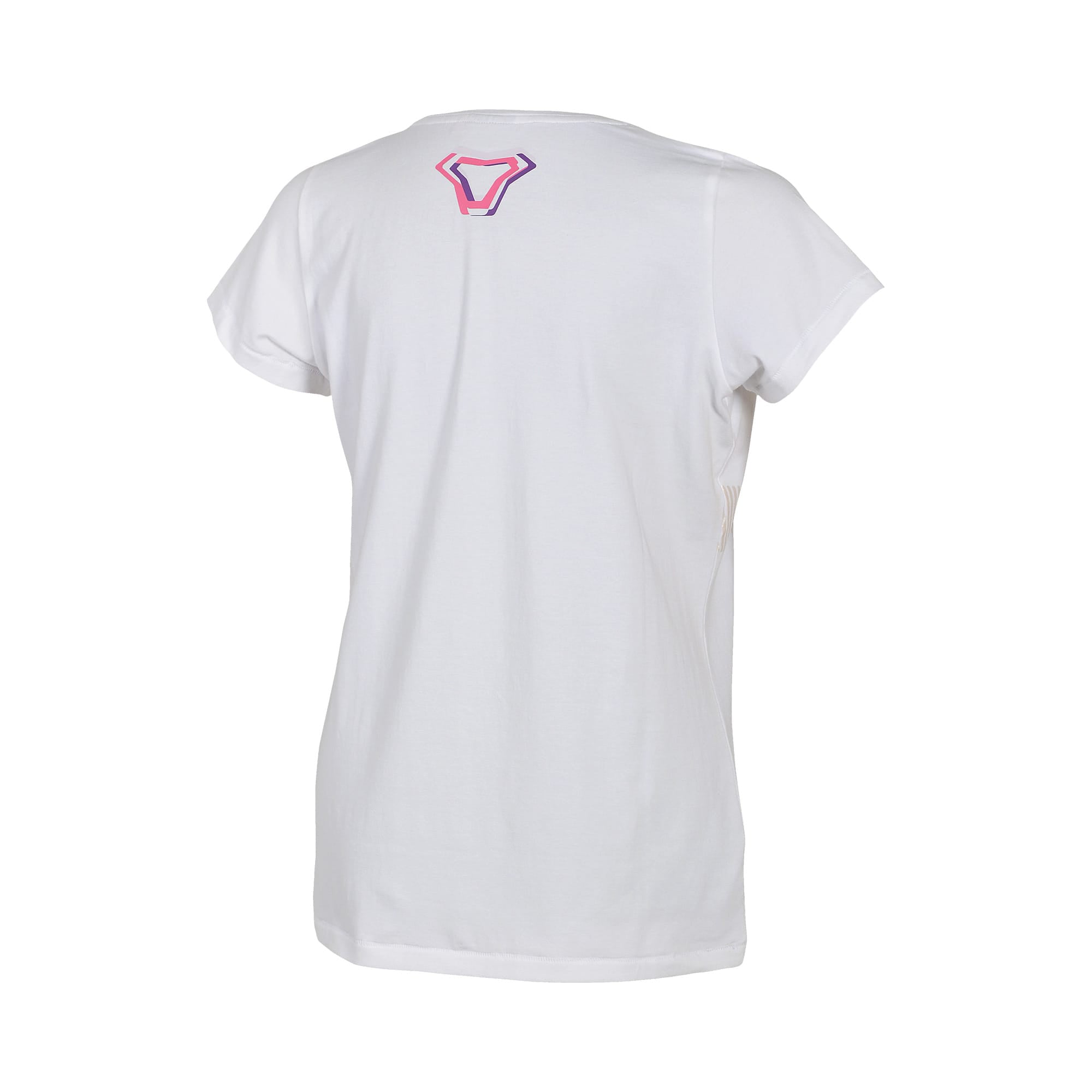 T-shirt Macna Fragment donna bianca, piccolo logo a V rosa e viola fra le scapole, vista posteriore