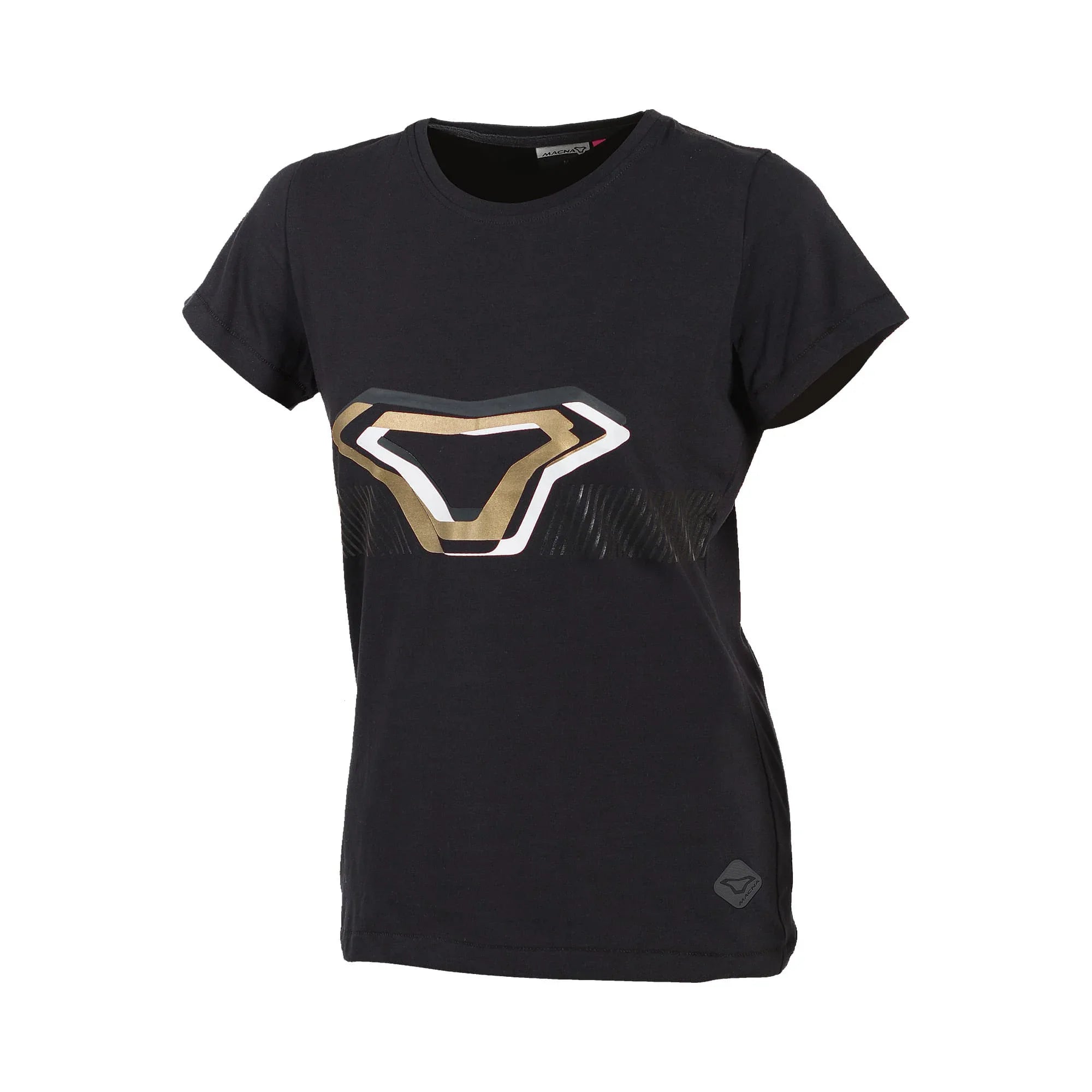 Macna Fragment 101.3017.101 t-shirt casual donna nera, logo Macna a V oro chiaro e bianco, fronte