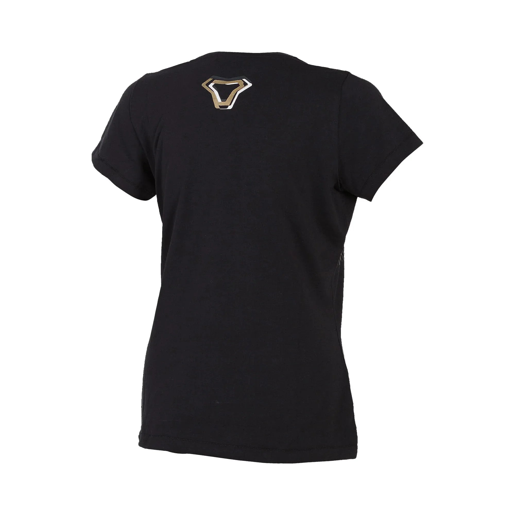 T-shirt Macna Fragment donna nera, piccolo logo a V oro chiaro fra le scapole, vista posteriore