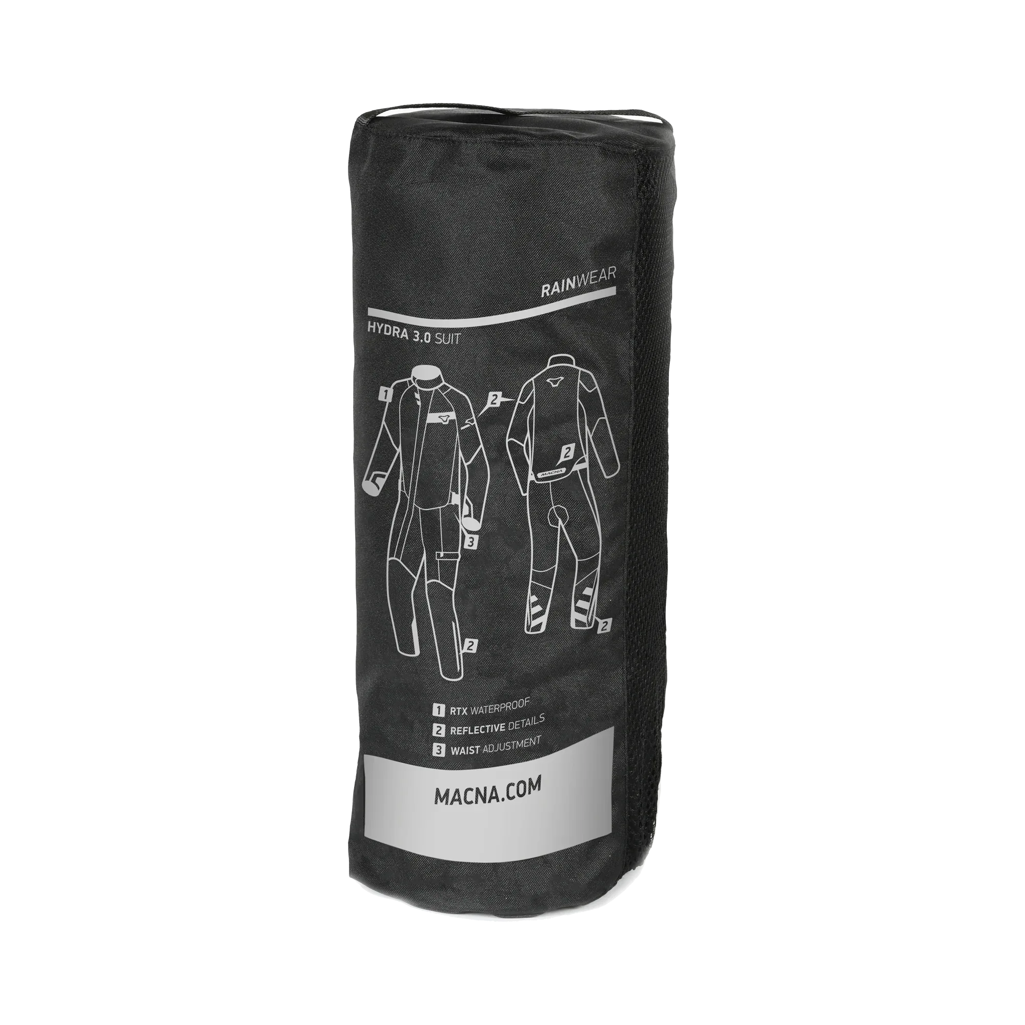 Storage bag in dotazione con la Macna Hydra 3.0, con etichetta delle caratteristiche
