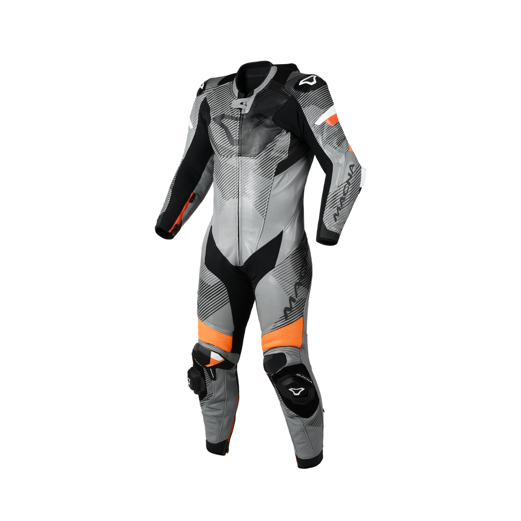 Macna Ignite 1pc 166.4207.813 tuta moto intera in pelle grigia nera e arancione, vista frontale