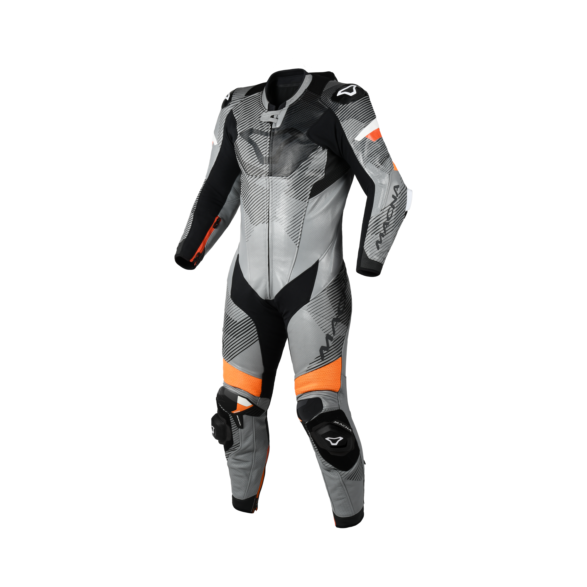 Macna Ignite 1pc 166.4207.813 tuta moto intera in pelle grigia nera e arancione, vista frontale