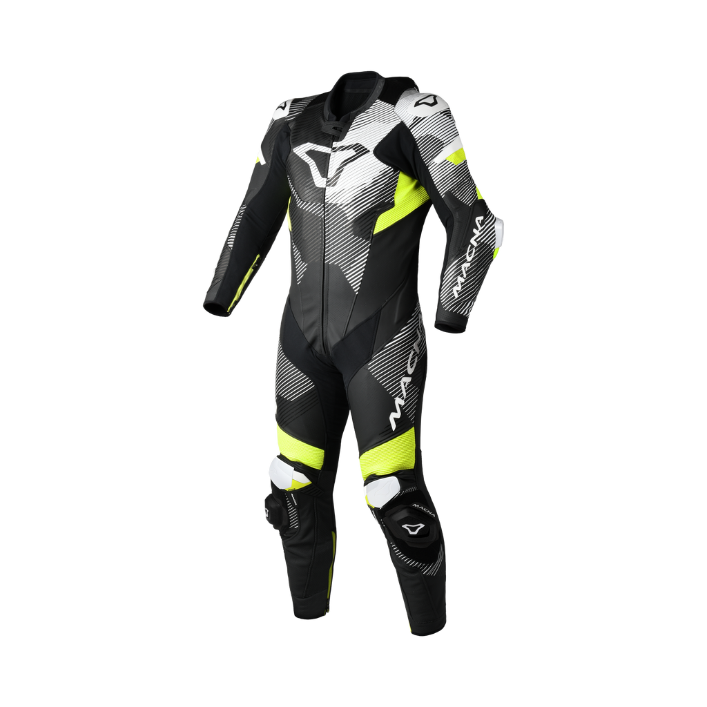 Macna Ignite 1pc 166.4207.172 tuta moto intera in pelle nero e giallo fluo, vista frontale