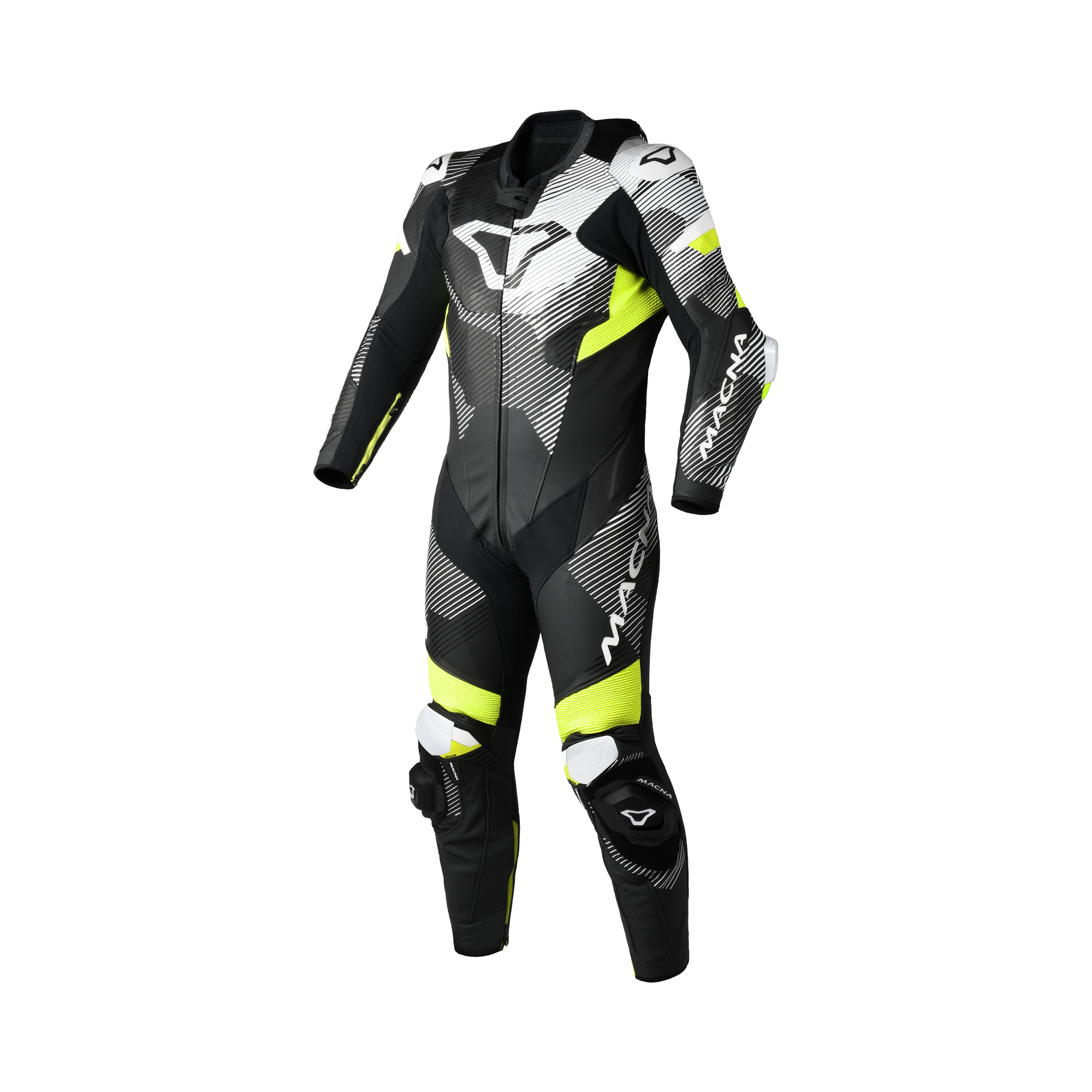 Macna Ignite 1pc 166.4207.172 tuta moto intera in pelle nero e giallo fluo, vista frontale