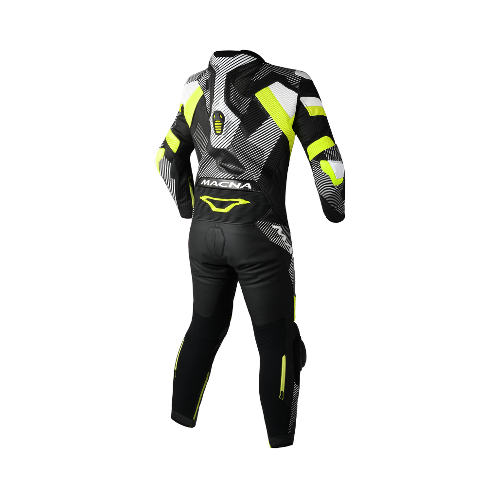 Macna Ignite 1pc 166.4207.172 tuta pelle nero giallo fluo bianco, retro con gobba Aeroback