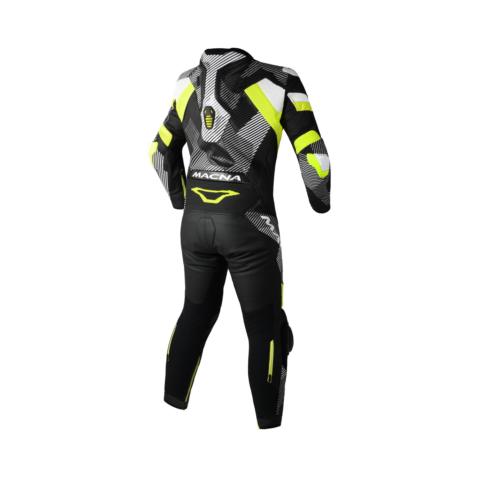 Macna Ignite 1pc 166.4207.172 tuta pelle nero giallo fluo bianco, retro con gobba Aeroback