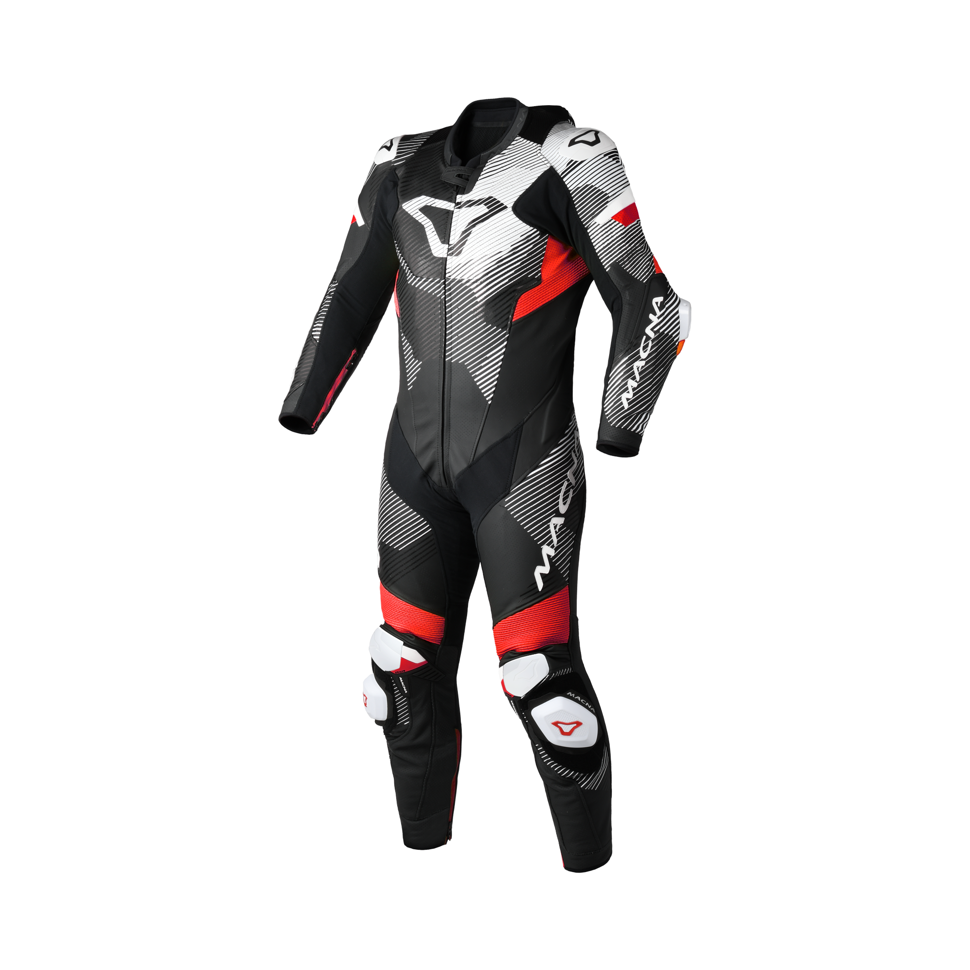Macna Ignite 1pc 166.4207.132 tuta moto intera in pelle nero rosso e bianco, vista frontale