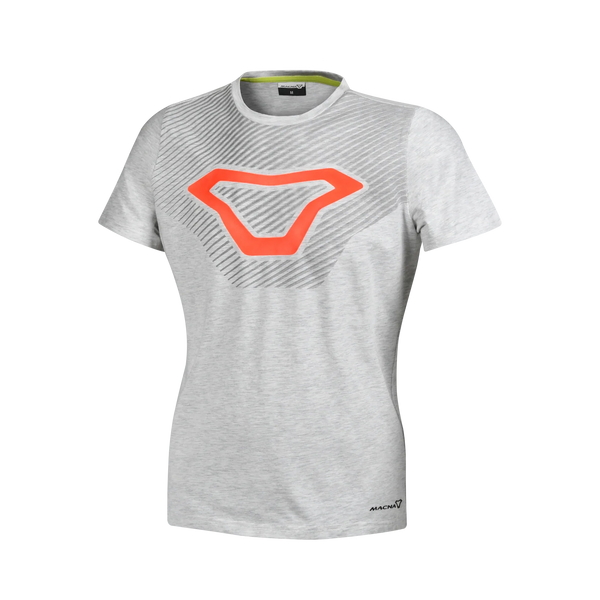 Macna Logo Shirt donna 101.3040.202 t-shirt grigio chiaro melange con logo Macna arancione stampato sul petto, fronte