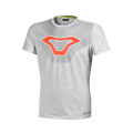 Macna Logo Shirt uomo 101.3039.202 t-shirt grigio chiaro melange con logo Macna arancione stampato sul petto, fronte