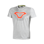 Macna Logo Shirt uomo 101.3039.202 t-shirt grigio chiaro melange con logo Macna arancione stampato sul petto, fronte