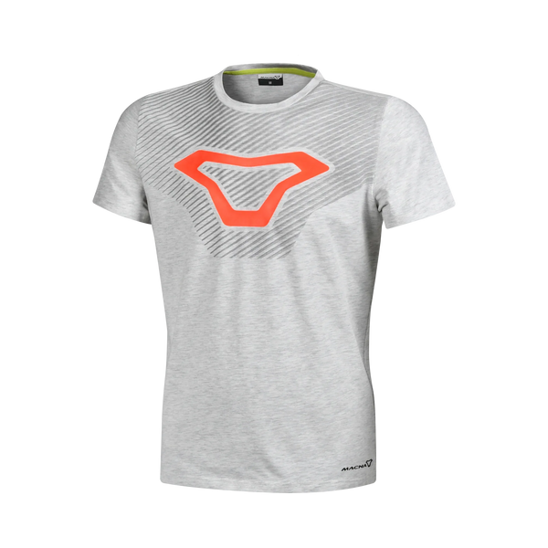 Macna Logo Shirt uomo 101.3039.202 t-shirt grigio chiaro melange con logo Macna arancione stampato sul petto, fronte