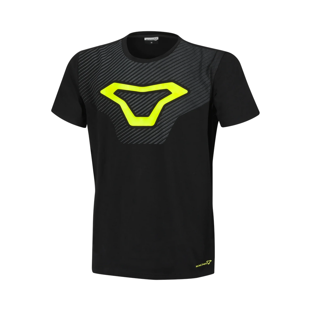 Macna Logo Shirt uomo 101.3039.101 t-shirt nera con logo Macna giallo fluo stampato sul petto, fronte