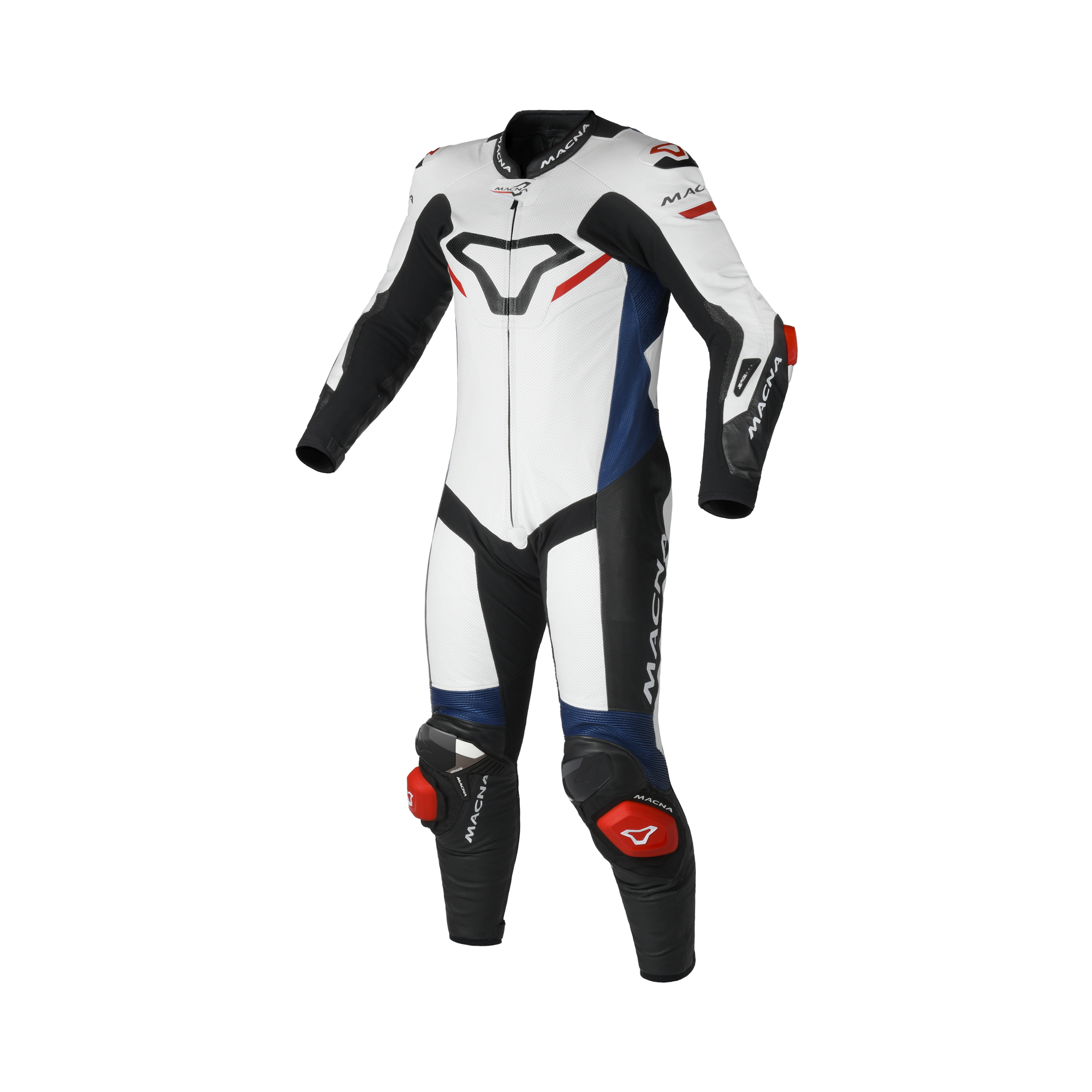 Macna Mizuro Bianco/Nero/Rosso/Blu tuta moto pelle di canguro uomo Classe AAA, vista fronte