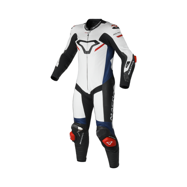 Macna Mizuro Bianco/Nero/Rosso/Blu tuta moto pelle di canguro uomo Classe AAA, vista fronte