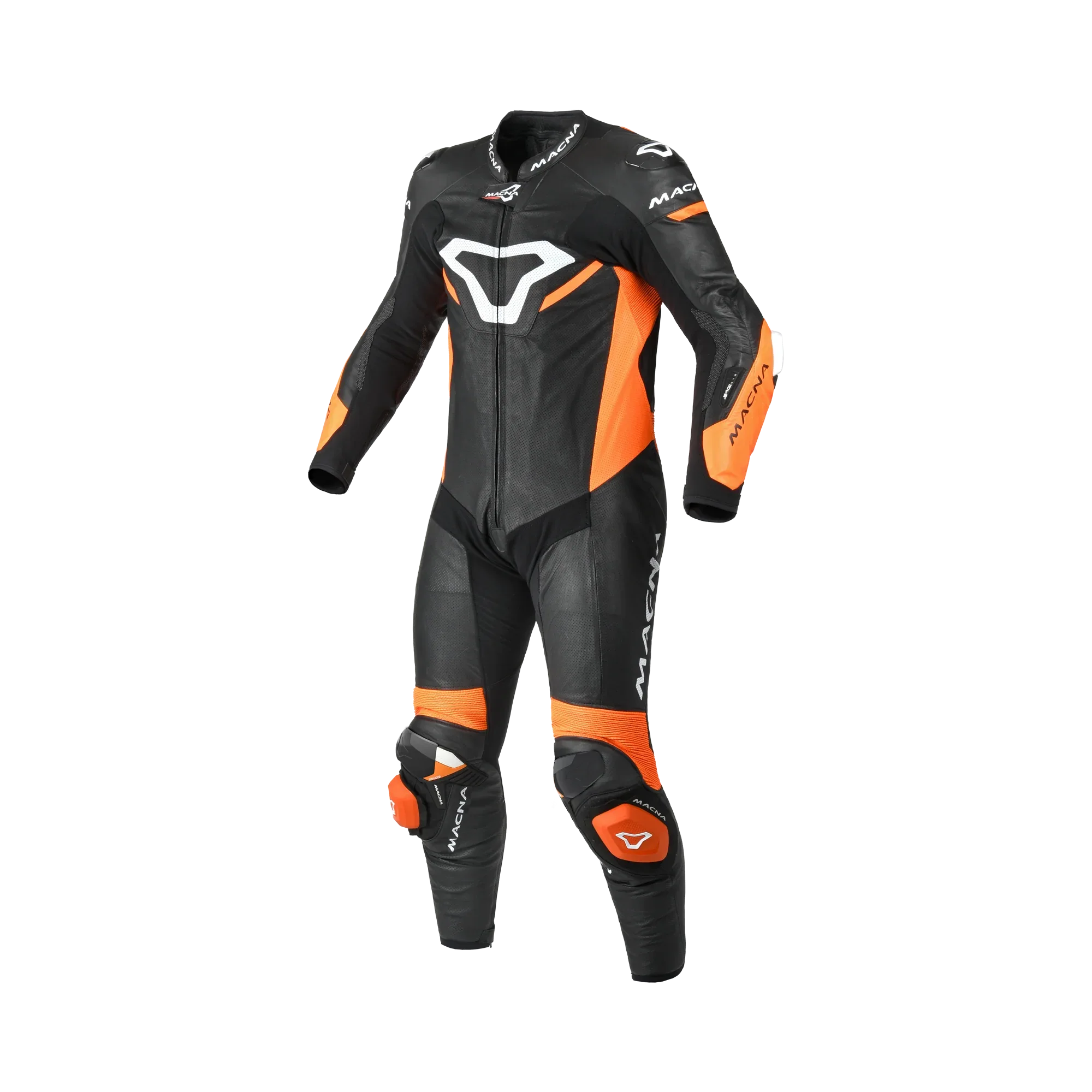 Macna Mizuro Nero/Arancio/Bianco tuta moto pelle di canguro uomo Classe AAA, vista fronte