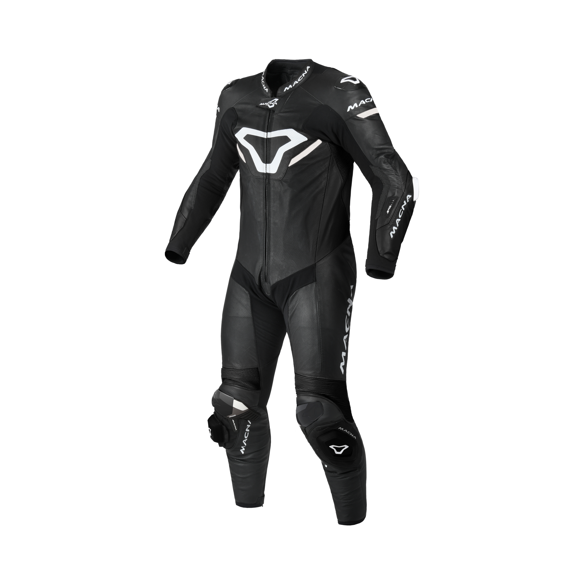 Macna Mizuro Nero/Bianco tuta moto pelle di canguro uomo Classe AAA, vista fronte