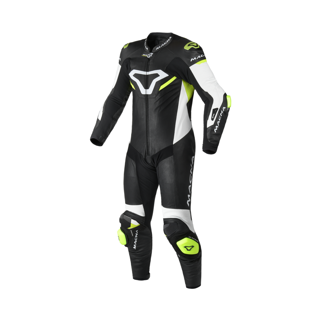 Macna Mizuro Nero/Bianco/Giallo Fluo tuta moto pelle di canguro uomo Classe AAA, vista fronte