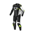 Macna Mizuro Nero/Bianco/Giallo Fluo tuta moto pelle di canguro uomo Classe AAA, vista fronte