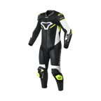 Macna Mizuro Nero/Bianco/Giallo Fluo tuta moto pelle di canguro uomo Classe AAA, vista fronte