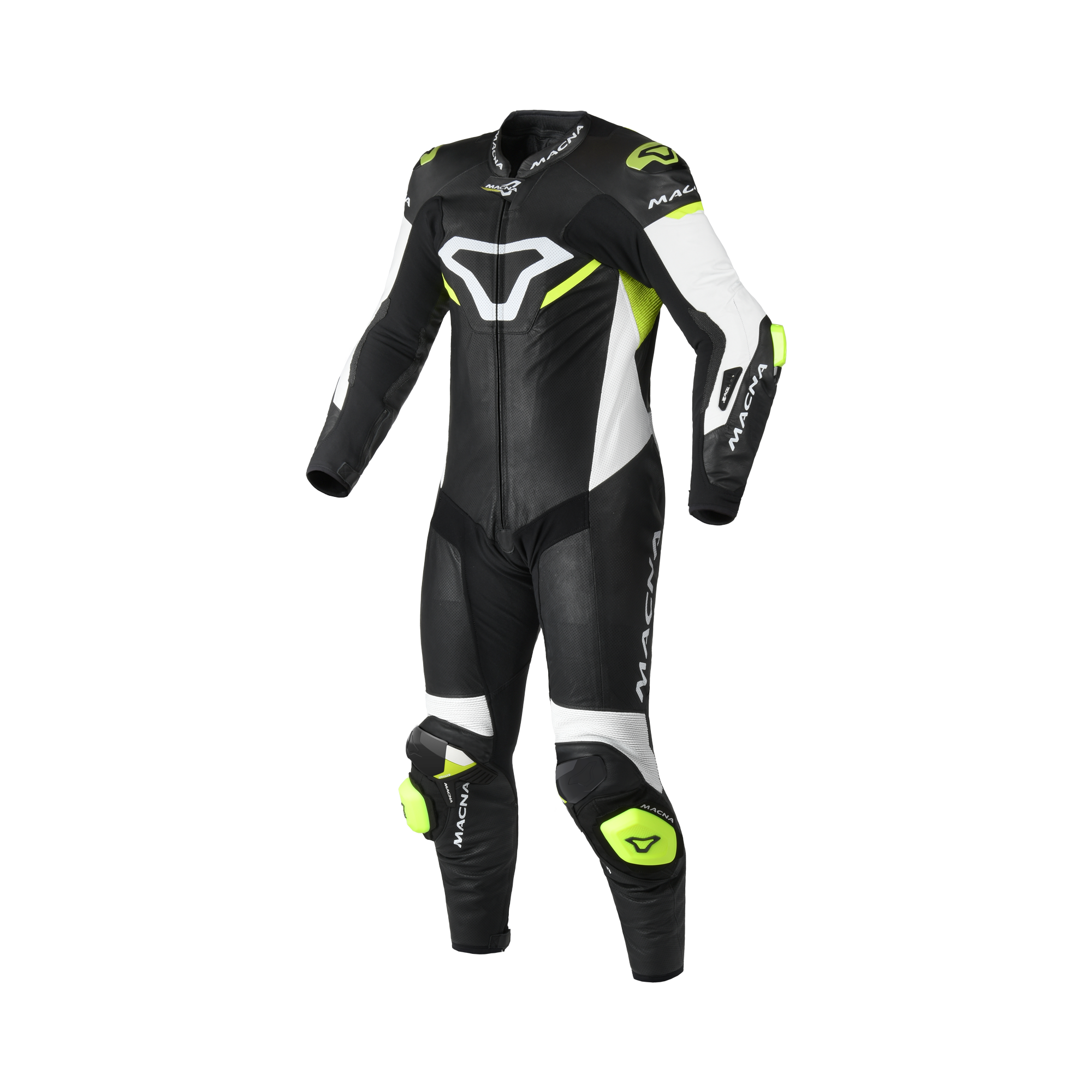 Macna Mizuro Nero/Bianco/Giallo Fluo tuta moto pelle di canguro uomo Classe AAA, vista fronte