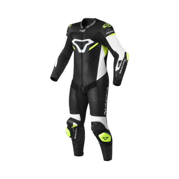 Macna Mizuro Nero/Bianco/Giallo Fluo tuta moto pelle di canguro uomo Classe AAA, vista fronte