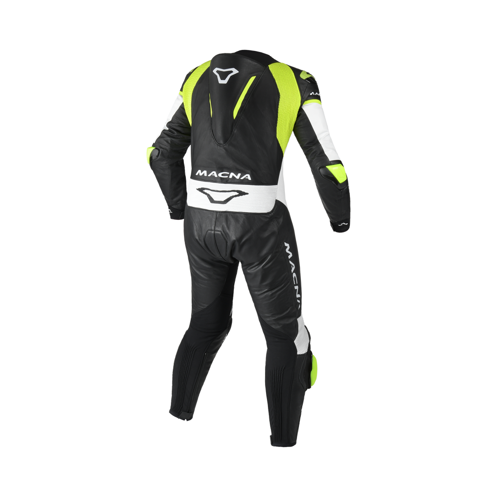 Macna Mizuro Nero/Bianco/Giallo Fluo tuta moto pelle di canguro uomo Classe AAA, vista retro