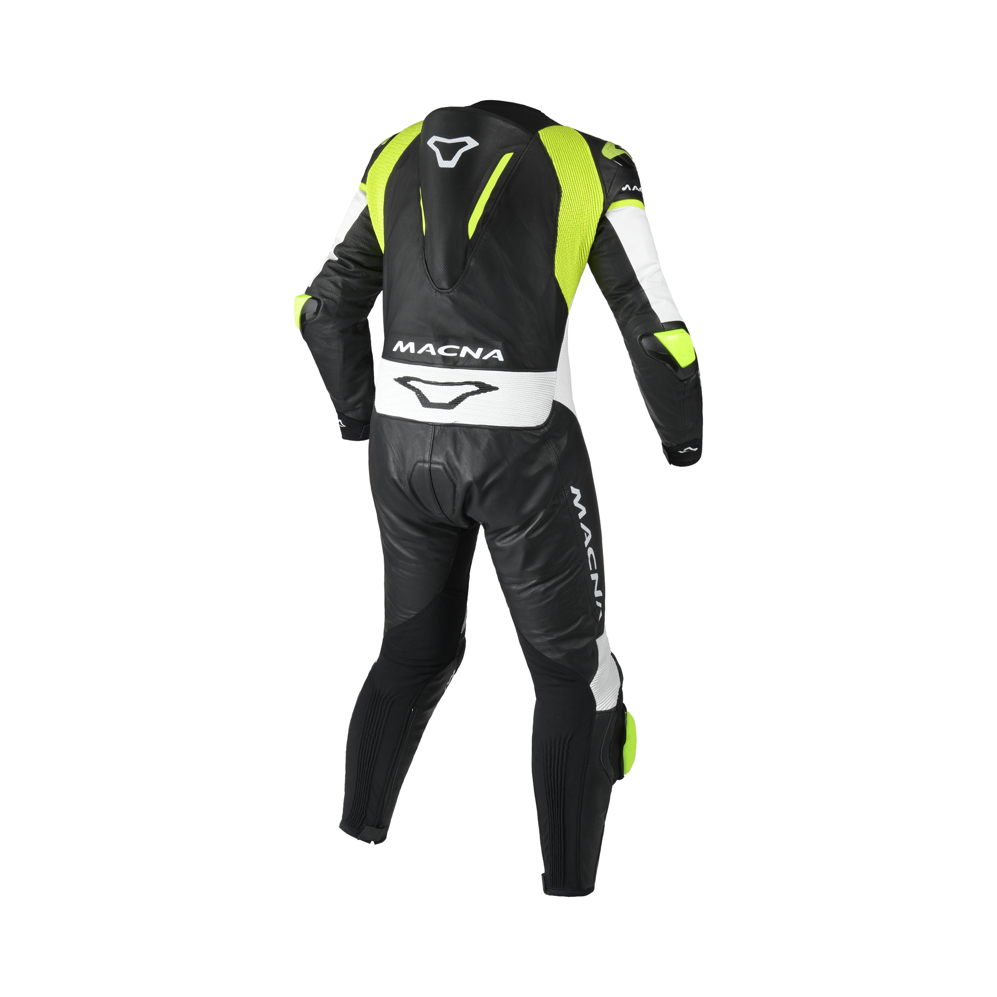 Macna Mizuro Nero/Bianco/Giallo Fluo tuta moto pelle di canguro uomo Classe AAA, vista retro