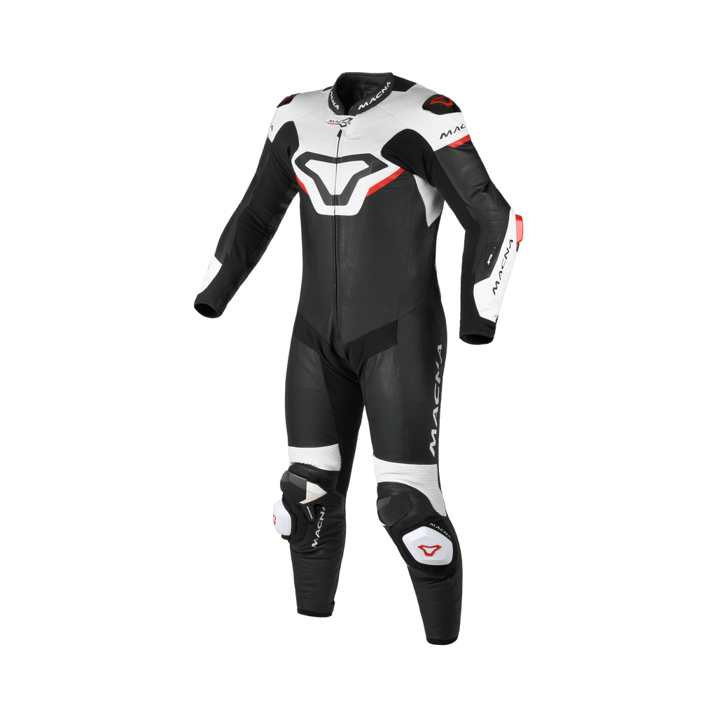 Macna Mizuro Nero/Bianco/Rosso tuta moto pelle di canguro uomo Classe AAA, vista fronte