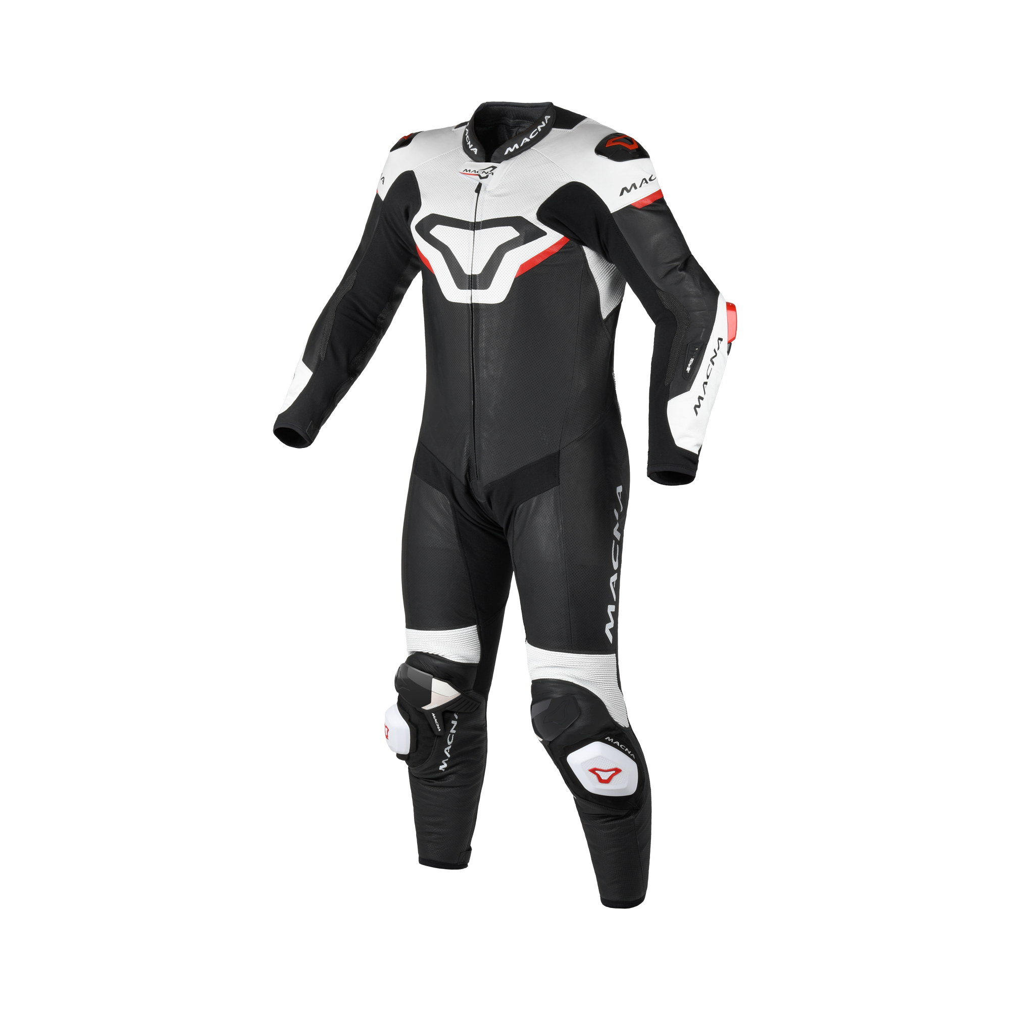 Macna Mizuro Nero/Bianco/Rosso tuta moto pelle di canguro uomo Classe AAA, vista fronte