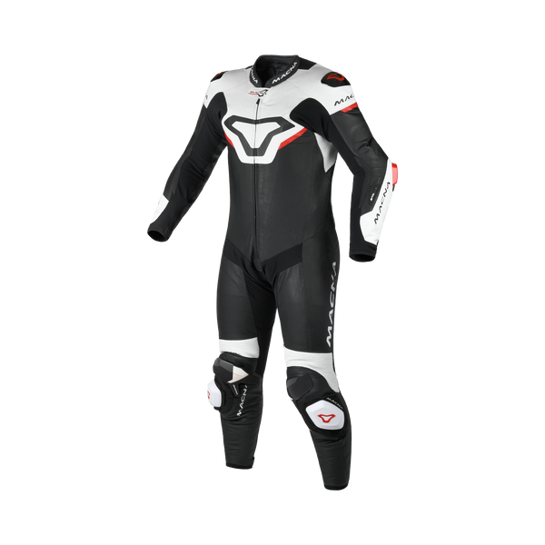 Macna Mizuro Nero/Bianco/Rosso tuta moto pelle di canguro uomo Classe AAA, vista fronte