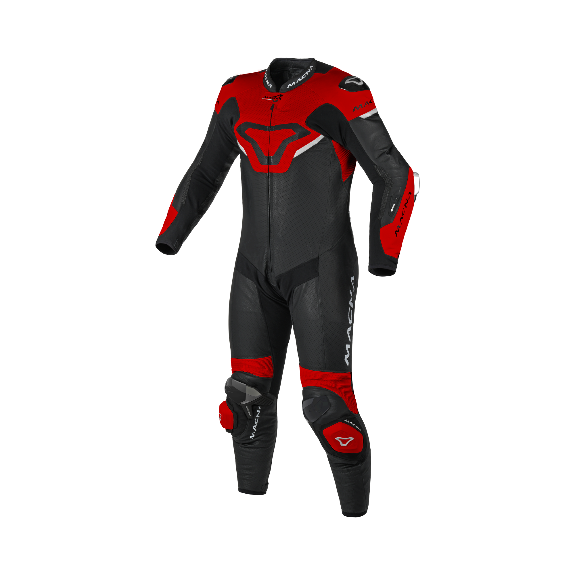 Macna Mizuro Nero/Rosso/Bianco tuta moto pelle di canguro uomo Classe AAA, vista fronte