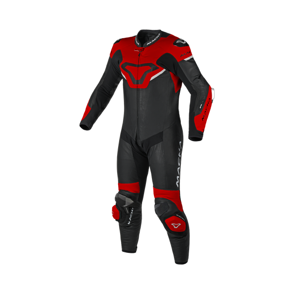 Macna Mizuro Nero/Rosso/Bianco tuta moto pelle di canguro uomo Classe AAA, vista fronte