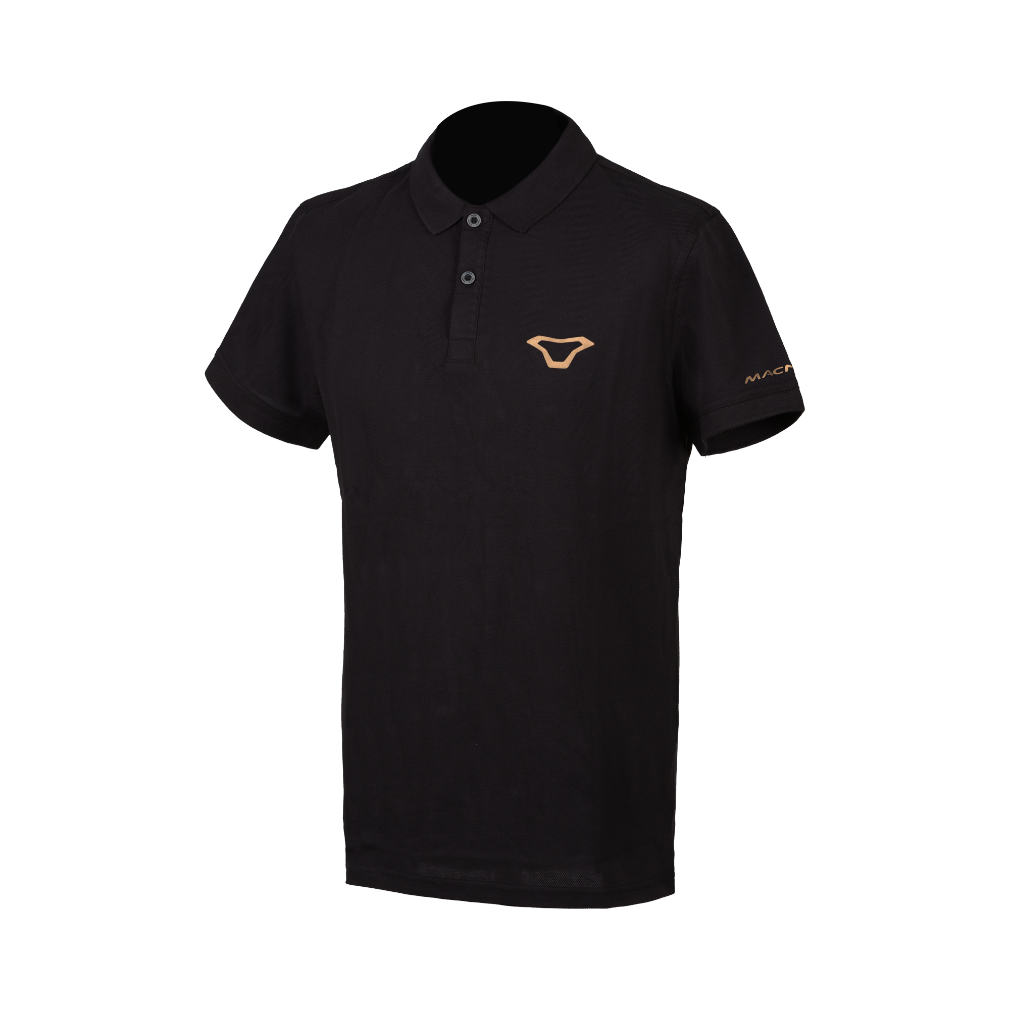 Macna Polo 101.3018.107 polo casual moto uomo nera con logo bronzo sul petto, fronte