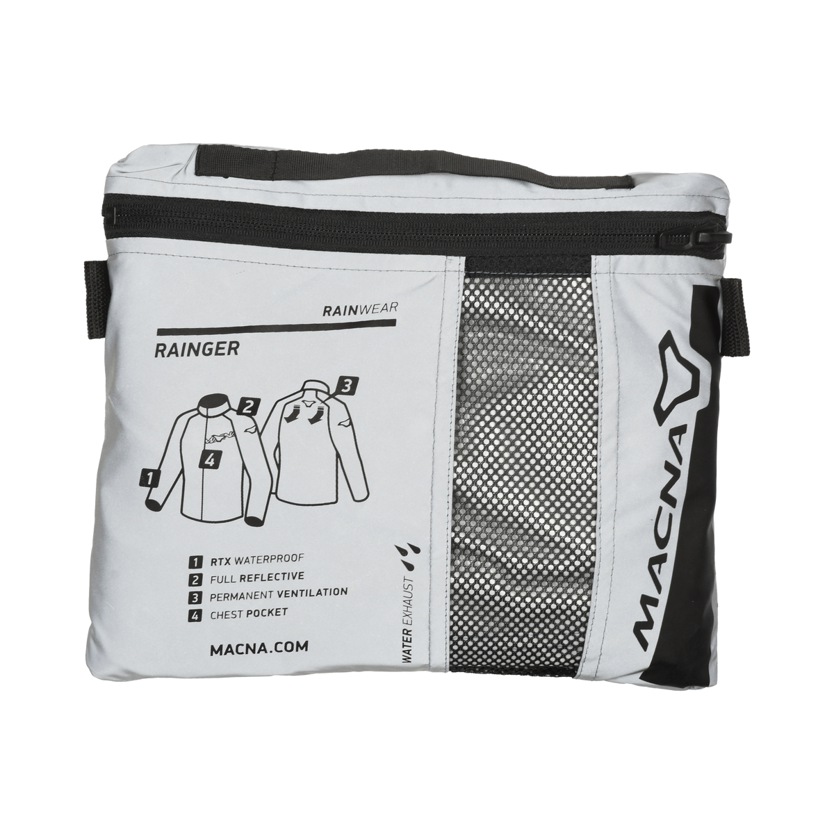 Storage bag della Macna Rainger aperta, con etichetta e inserto in rete