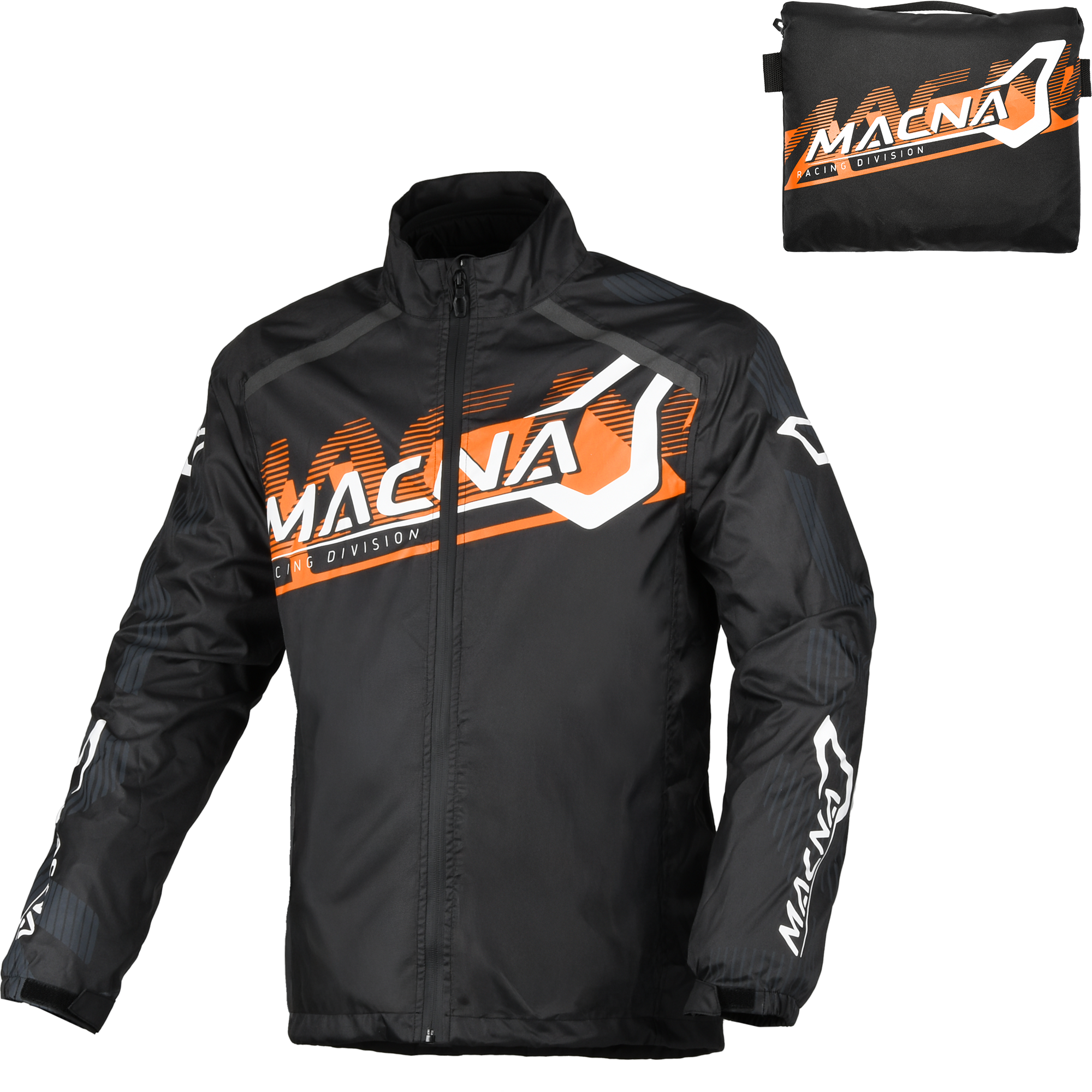 Macna Rainossi 165.1365.123 nero e arancio – giacca antipioggia moto, fronte con marsupio