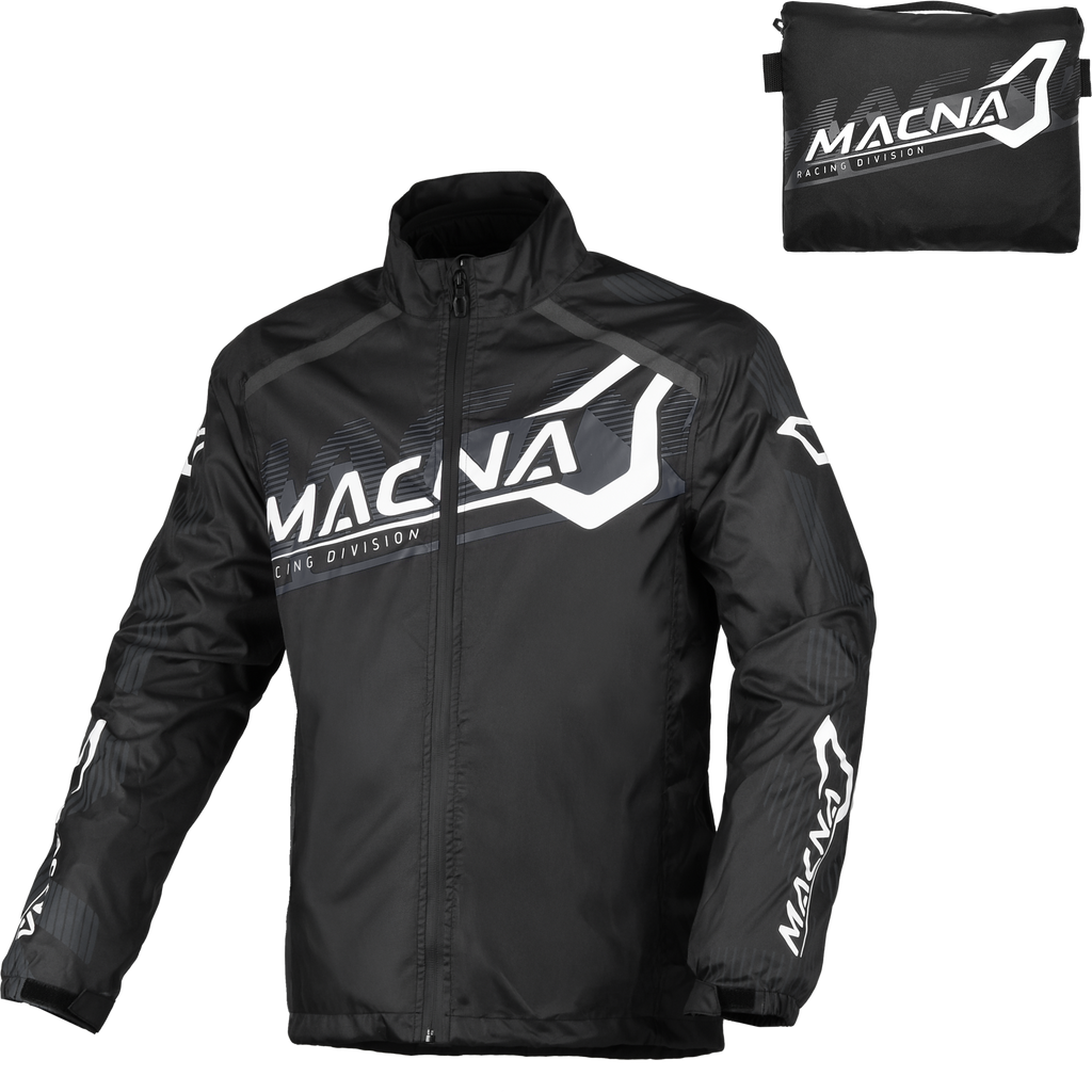 Macna Rainossi 165.1365.120 nero e bianco – giacca antipioggia moto, fronte con marsupio