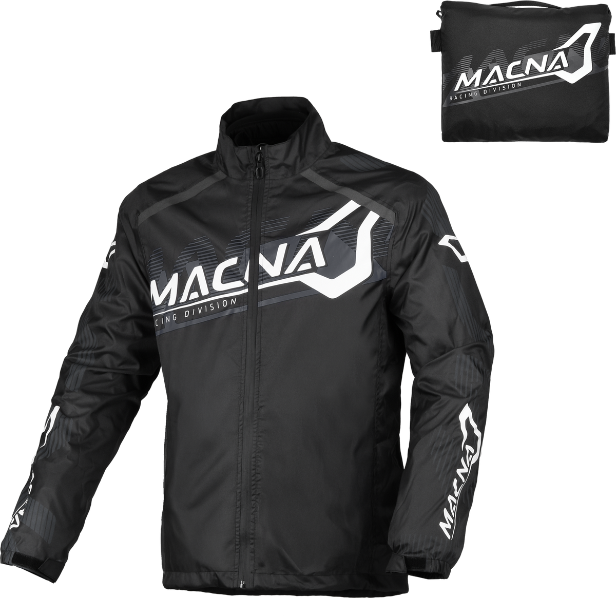 Macna Rainossi 165.1365.120 nero e bianco – giacca antipioggia moto, fronte con marsupio