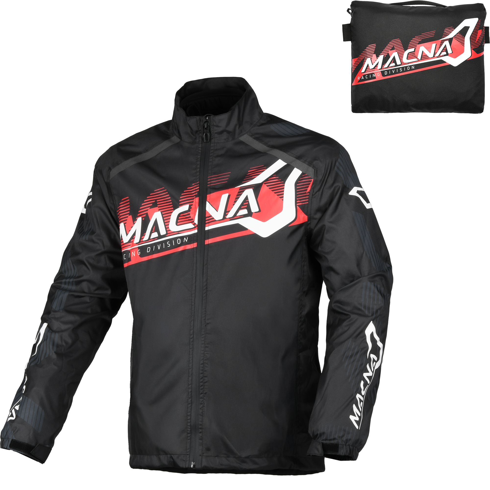 Macna Rainossi 165.1365.132 nero e rosso – giacca antipioggia moto, fronte con marsupio