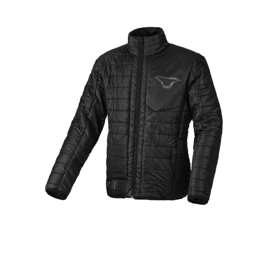 Macna Regal uomo giacca mid-layer trapuntata nera convertibile in zaino, su fondo bianco