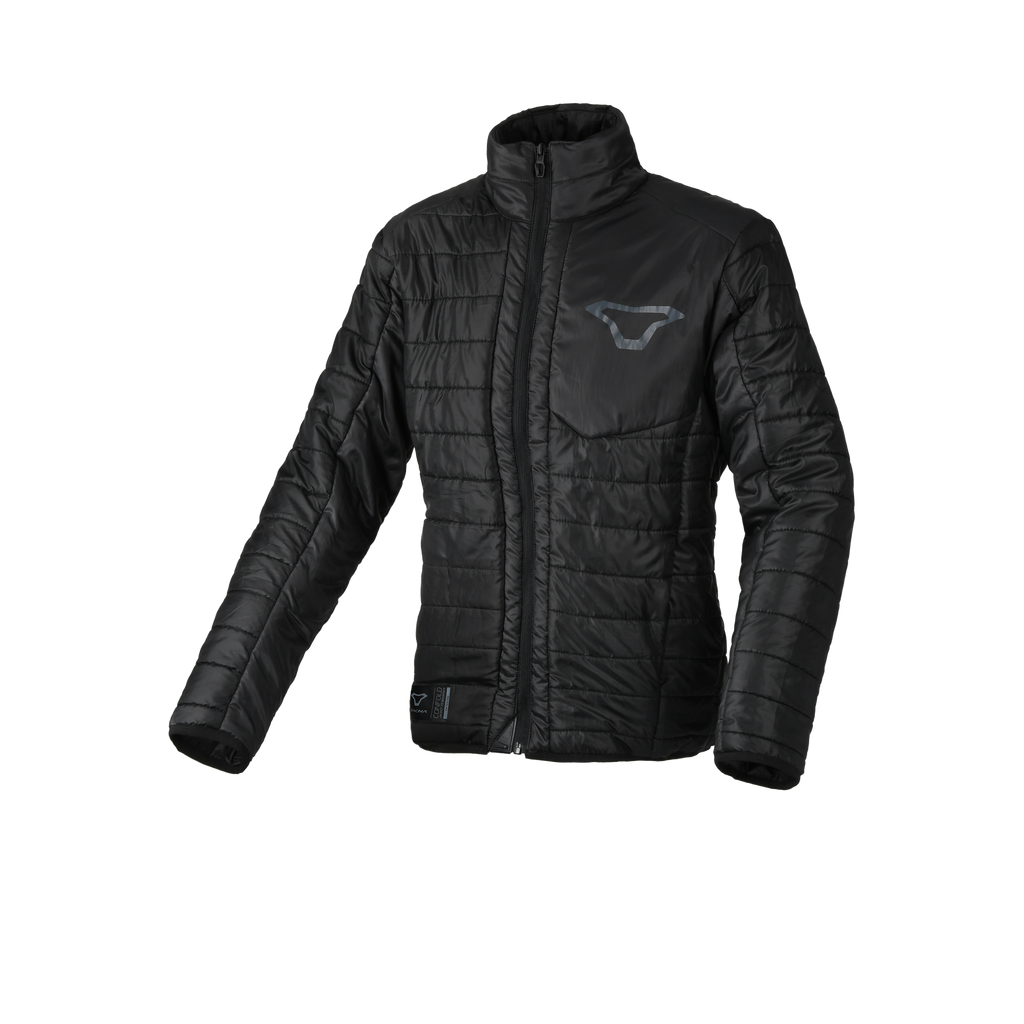 Macna Regal donna giacca mid-layer trapuntata nera convertibile in zaino, su fondo bianco
