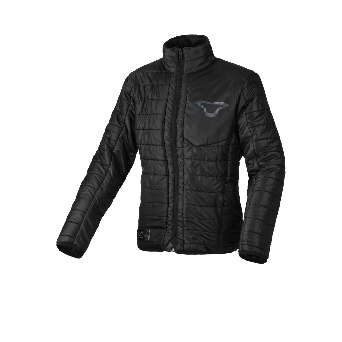 Macna Regal donna giacca mid-layer trapuntata nera convertibile in zaino, su fondo bianco