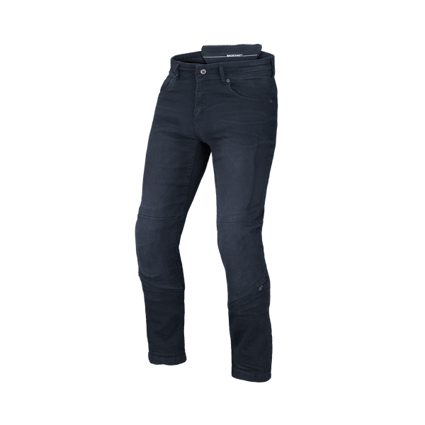Jeans moto Macna Stone blu opaco con rinforzi in aramide, vista frontale intera