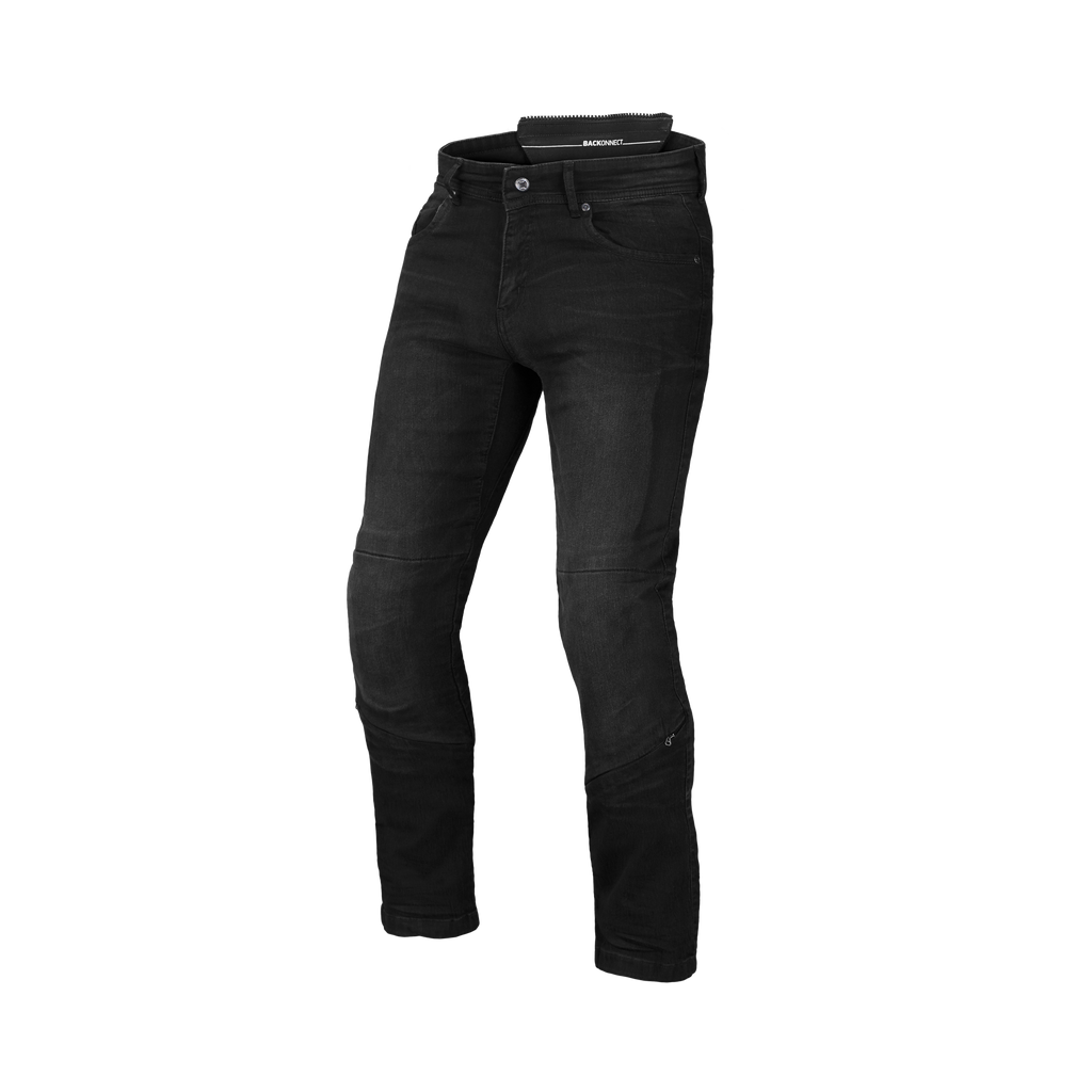Jeans moto Macna Stone neri con rinforzi in aramide, vista frontale intera