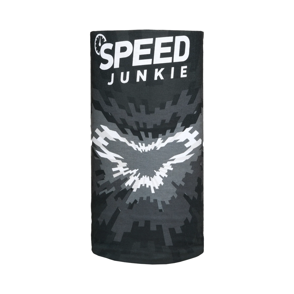 Scaldacollo moto Macna Summer Tube Logo Speed Junkie steso, teschio alato bianco su nero