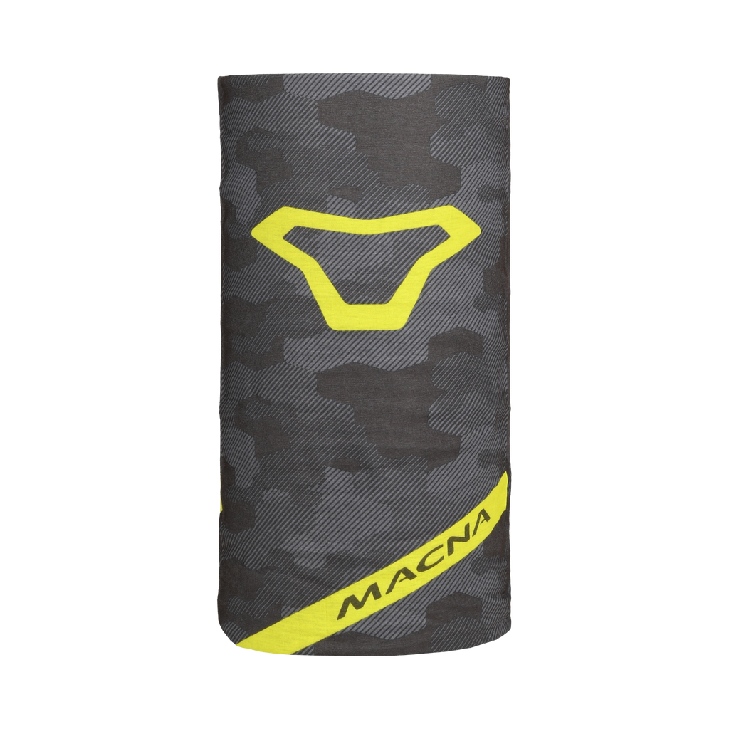 Scaldacollo moto Macna Summer Tube camouflage steso, grande logo Macna giallo fluo
