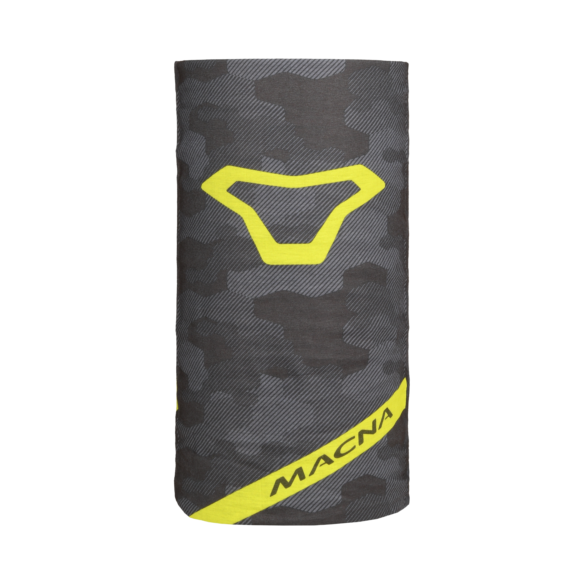 Scaldacollo moto Macna Summer Tube camouflage steso, grande logo Macna giallo fluo