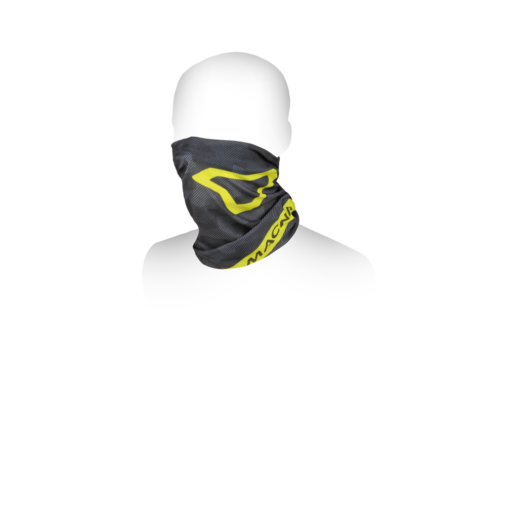 Scaldacollo Macna Summer Tube Logo camouflage grigio con logo giallo fluo, indossato